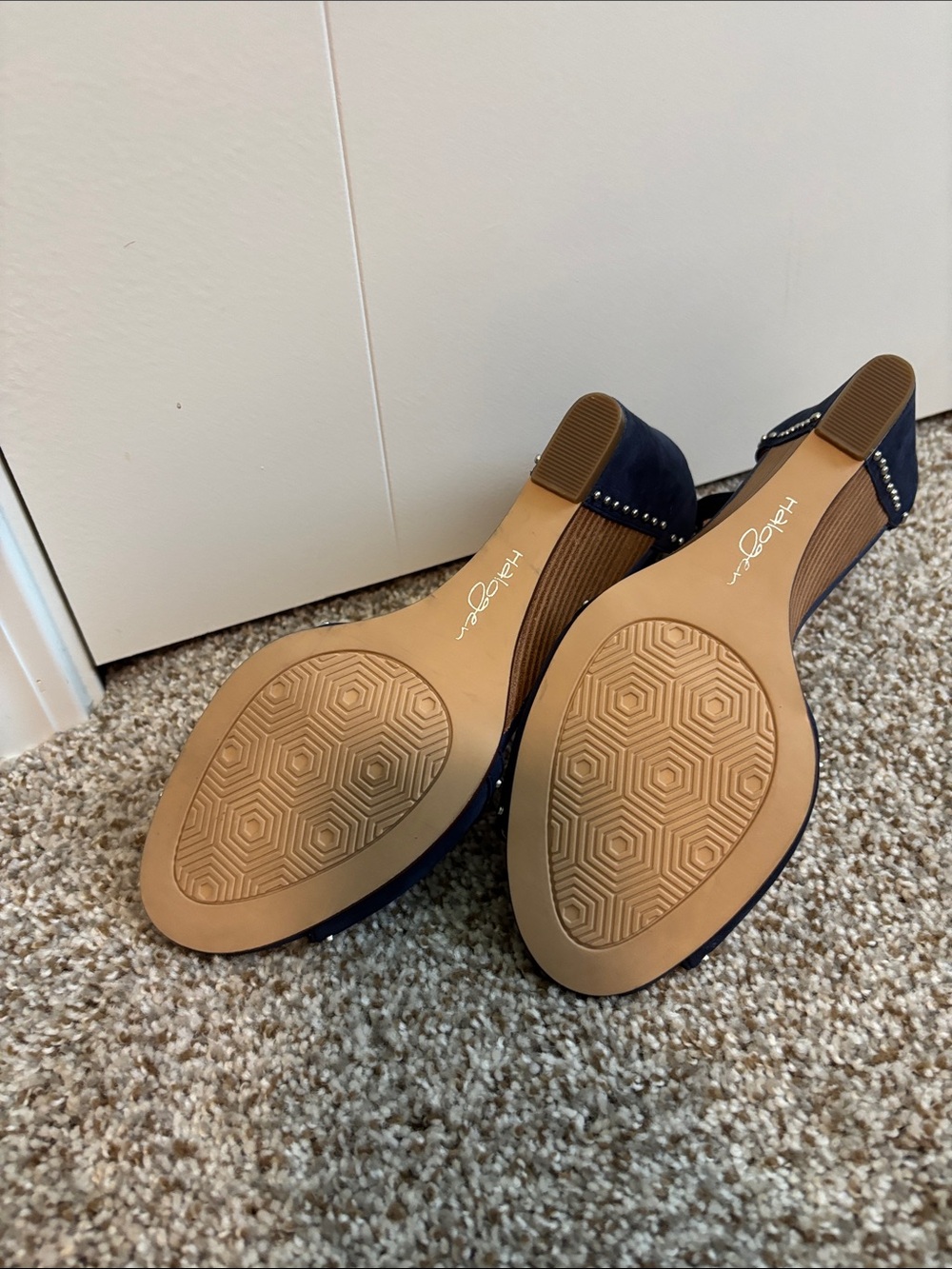Halogen Studded Navy Suede Wedge Sandals with Ankle Strap - Picture 3 of 4